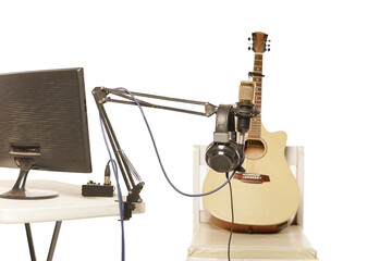 Home Recording Studio setup with Microphone and Acoustic Guitar
