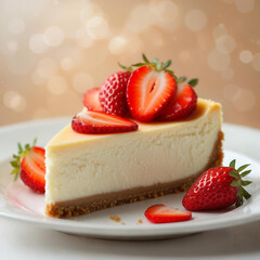 Elegant slice of cheesecake topped with strawberries on white plate with soft bokeh background, delicious dessert presentation