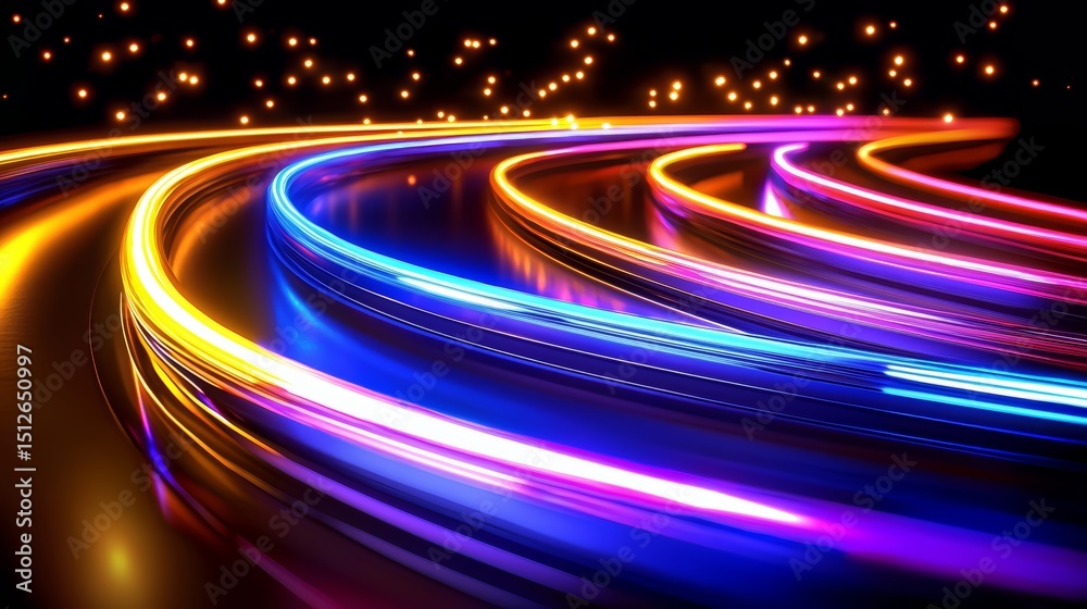 Fototapete Colorful, neon light display with a dark background. The lights are arranged in a way that they appear to be moving in a curved line. Scene is energetic and dynamic, with the bright colors