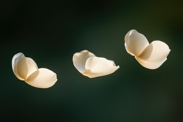 Three pale-cream flower petals float mid-air against a dark backdrop