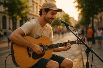 Concert acoustique d’un musicien de rue jouant de la guitare et chantant au micro devant un public en été, dans une ambiance détendue au coucher du soleil en ville