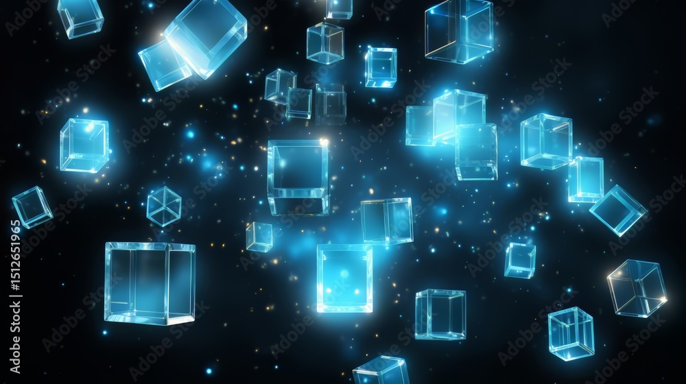 Fototapete Computer generated image of a blue sky with many cubes floating in it. The cubes are all different sizes and are scattered throughout the sky. The image has a dreamy, surreal quality to it