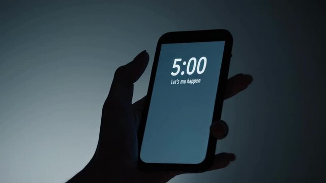 Silhouette of hand holding smartphone with 5:00 AM alarm &ndash; early morning motivation, new day, productivity and daily routine concept