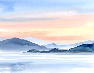 Serene Watercolor Landscape Sunset Over Misty Mountains and Calm Water