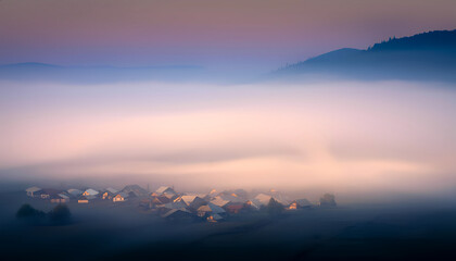 A view from above of a village partially hidden by thick morning fog that stretches across the valley between the hills