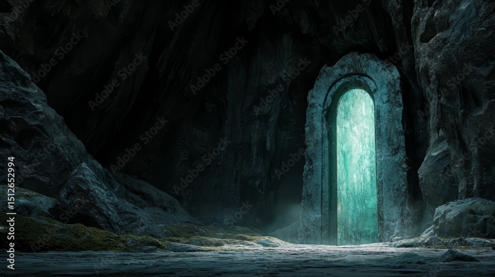Poster dark cave with a green door. the door is open and the cave is empty. scene is mysterious and eerie