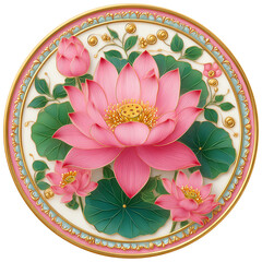 Pink Lotus Flower Plate with Gold and Teal Accents