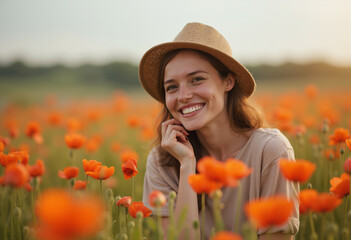 A depiction of a young lady in a field, surrounded by blossoms.