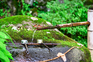  公時神社の手水舎に注がれる清らかな水　神奈川県箱根町