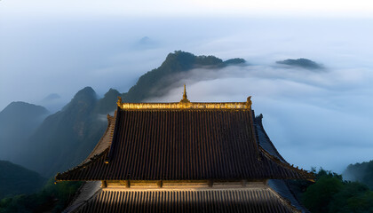 Aerial view of dark tiled roof of traditional Chinese temple illuminated at edges with mountains in background,
