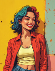 Portrait of a young girl posing against a wall covered in bright, multi-colored paint.