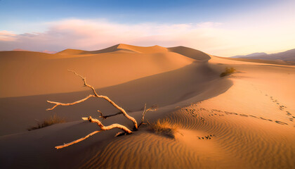 Golden sand dunes stretch under a blue sky with pink clouds at sunset.