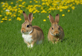 two cute rabbits sitting in a forest glade full of dandelions and looking with raised ears
