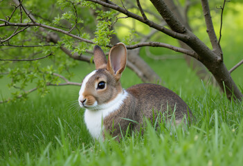 cute rabbit in the forest glade sits on the grass under tree branch and looks with raised ears
