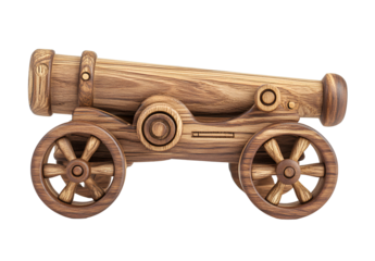 Untitled design - Old wooden cannon with wheels on a white background, no shadows, no reflections, no text or letters in the picture,.