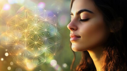 Fototapeta premium Glowing sacred geometric sphere featuring Flower of Life pattern floats above young woman