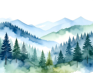 Fototapeta premium Misty Mountain Watercolor Landscape Serene Blue and Green Forest Scene