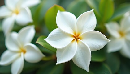 Fototapeta premium Close-up of white gardenia flowers. Fresh blossoms with green leaves. Botanical photo of jasmine flower petals. Floral background evokes natural beauty. Perfect for spa, aromatherapy.