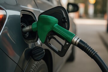 Close Up of a Fuel Pump Nozzle Inserted into a Car's Gas Tank at a Petrol Station During Refueling