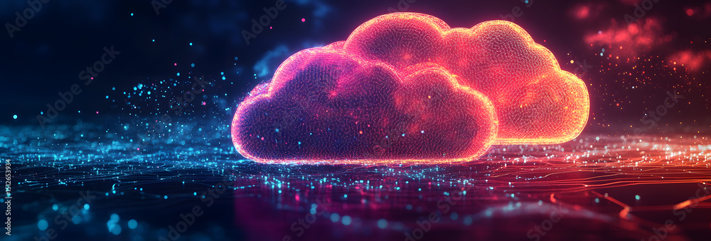 Poster cloud computing data base technology concept with glowing neon structures on a dark banner. generati