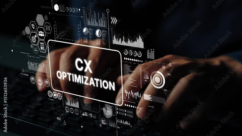 Poster hands typing on keyboard with digital data display for customer experience optimization concept. asy