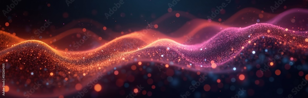Poster abstract digital wave with flowing particles. tech concept with line connections on dark background.