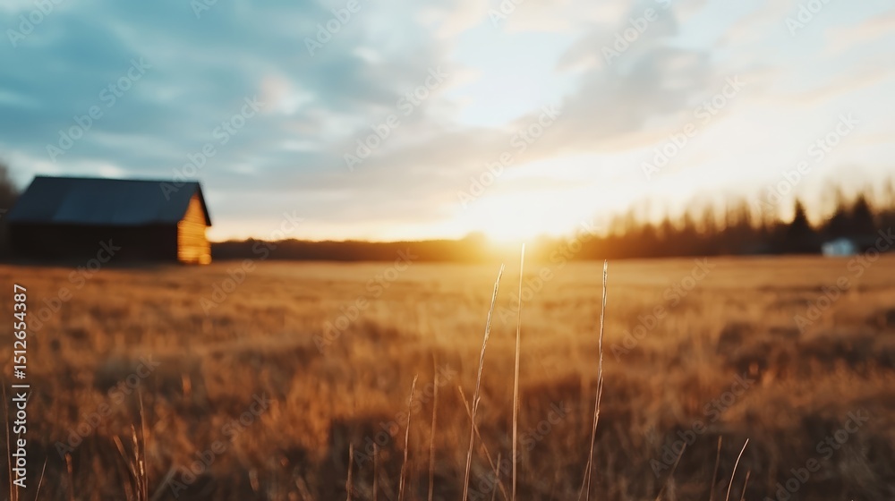Poster field of tall grass with a barn in the background. the sun is setting, casting a warm glow over the 