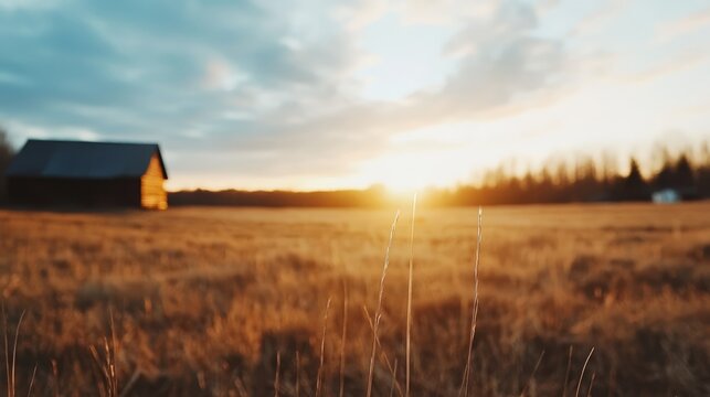 Field of tall grass with a barn in the background. The sun is setting, casting a warm glow over the scene