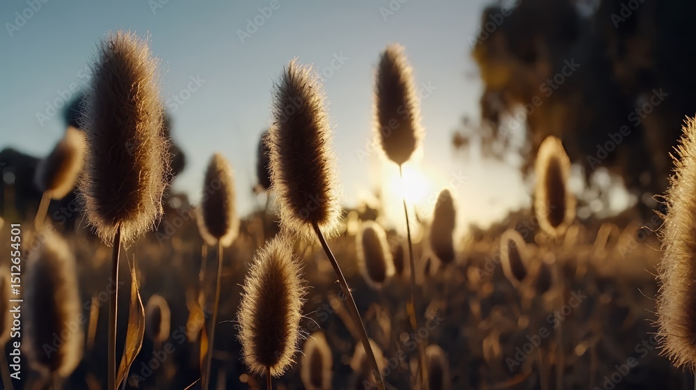 Poster field of tall grass with a sun in the background. the sun is setting and the grass is dry