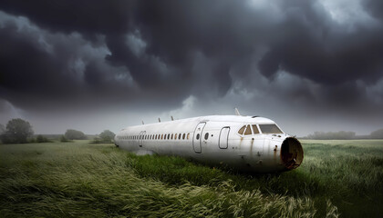 The rusty hull of an abandoned passenger plane lies in a field of tall grass under a dark, menacing stormy sky.