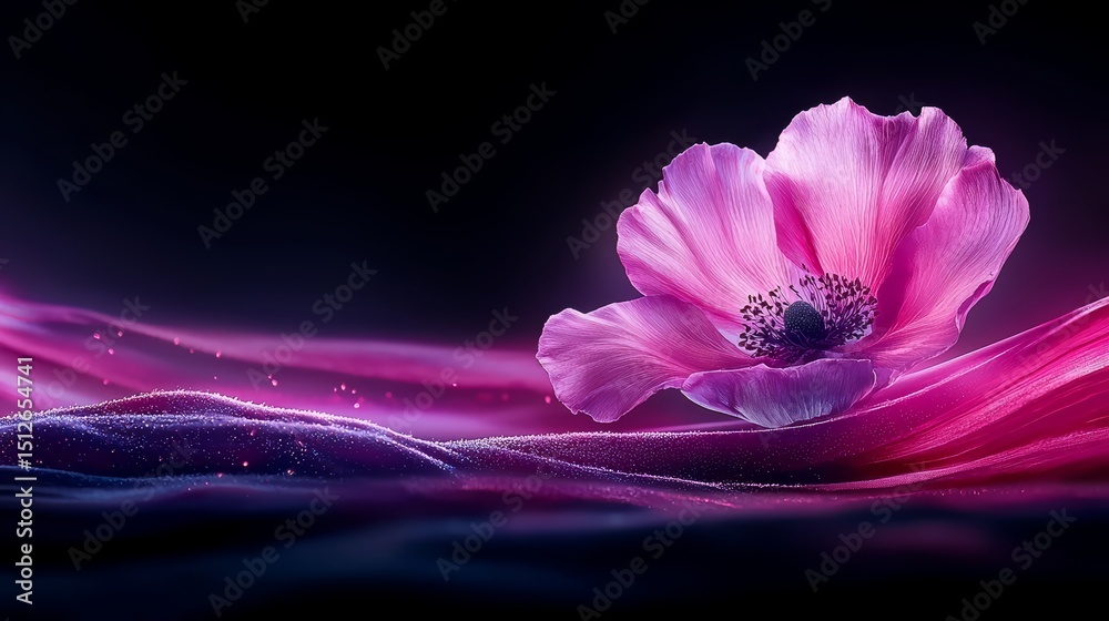 Aufkleber flower is floating on a dark background. the flower is pink and has a small stem. the background is 