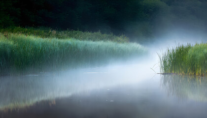 The calm pond is shrouded in thick fog early in the morning, which spreads over the water, partially hiding the coastal vegetation.