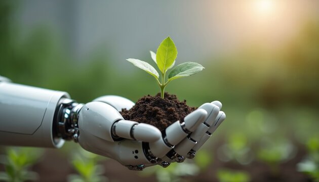Robot hand gently holds small plant with soil. Environmental tech concept shows robotic arm, green leaves, earth, innovation. Sustainable, eco-friendly, agriculture, future farming, ai.