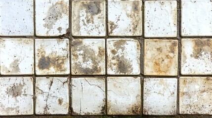 Dirty, cracked white tiles. Aged, weathered and stained