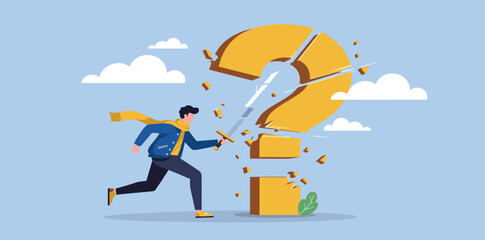 Problem solution, solve question mark, uncertainty or confusion, advice decision or challenge to overcome issue, trouble or difficulty concept, businessman cut question mark metaphor of resolution