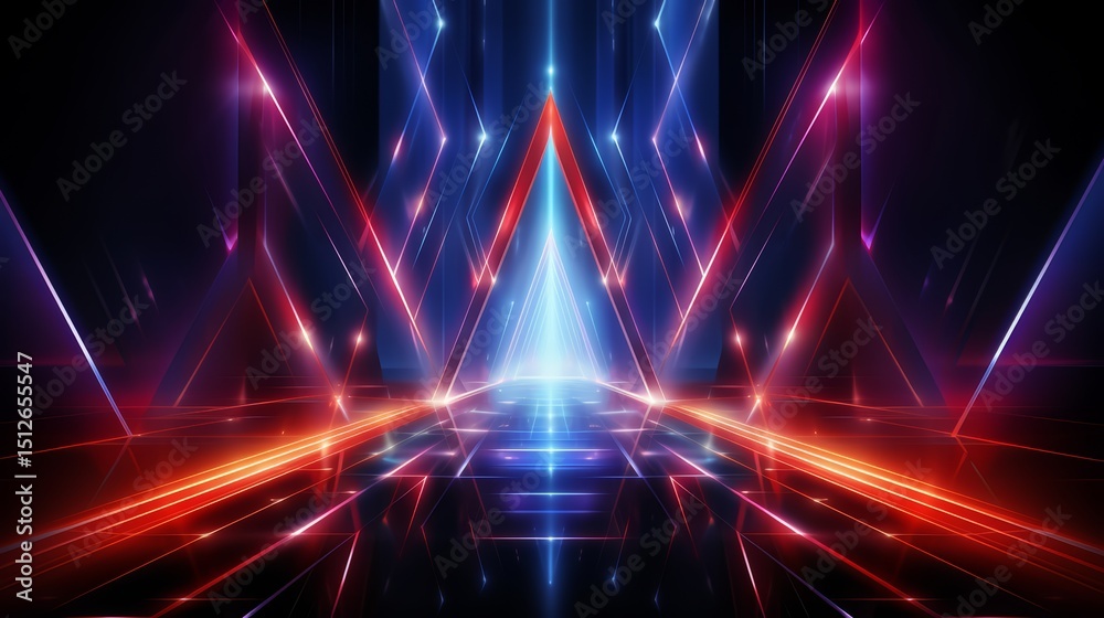 Poster futuristic scene with a blue and red background. the scene is lit up with bright lights and has a fu