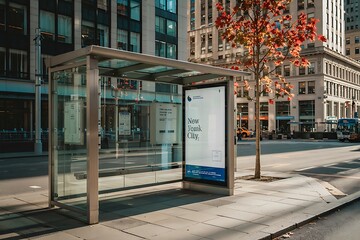 Modern Glass Bus Stop with Blank White Advertising Panel on Sunlit Urban Street