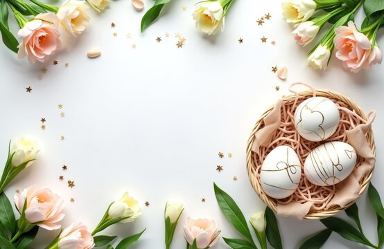 Easter composition white eggs with gold decor in basket with pink cloth, flowers on white background. Top view, holiday, celebration theme for banners posters cards social media.