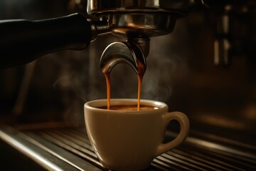 Professional Espresso Extraction Close Up Shot from a Commercial Coffee Machine into a Demitasse Cup
