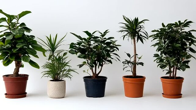 Assortment of Houseplants in Pots Isolated on White Backdrop for Decorative Designs