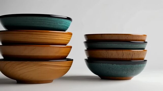 Stacked ceramic bowls in earth tones minimalist kitchen tableware arrangement