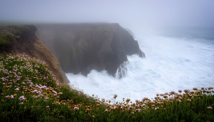 A rocky coast washed by the stormy waves of the Pacific Ocean in thick fog.