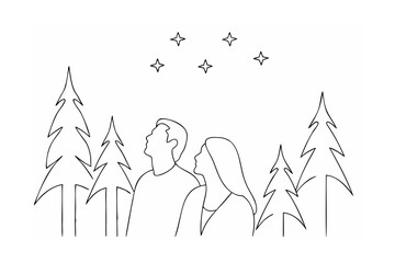 Couple gazing at stars in a pine forest minimalist line art