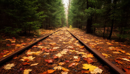 Rusty railway tracks stretch through an autumn forest covered with fallen yellow and red leaves.