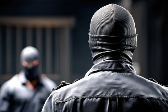 Two figures in balaclavas, one in the foreground with back to camera, another blurred in the background, facing the camera.