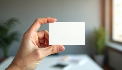 Obraz premium Hand holds blank business card mockup. White empty card in office, clean workspace, blurred background, with window, plants. Concept of business promotion marketing. Perfect for brand identity