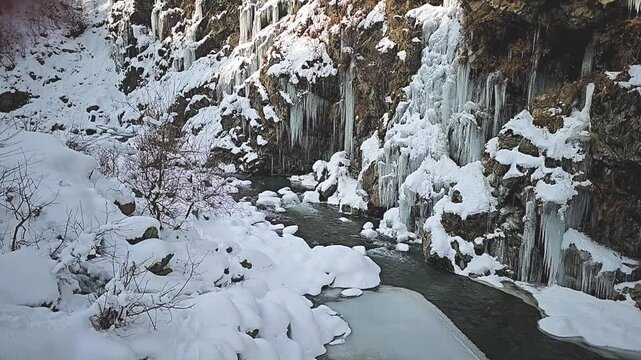 frozen Drung waterfall in Tanmarg Gulmarg Kashmir a popular tourist spot and a marvel of nature showing winter during Chilai Kalan