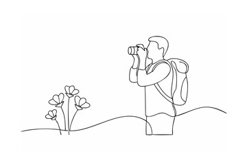 Man with backpack taking photos of wildflowers minimalist line art