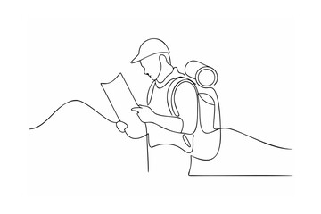Hiker checking map single line drawing backpack mountains travel adventure