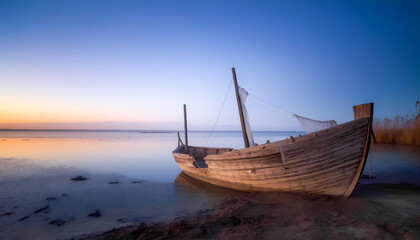 An old wooden fishing boat sits on the sandy shore of a calm lake at dawn.
